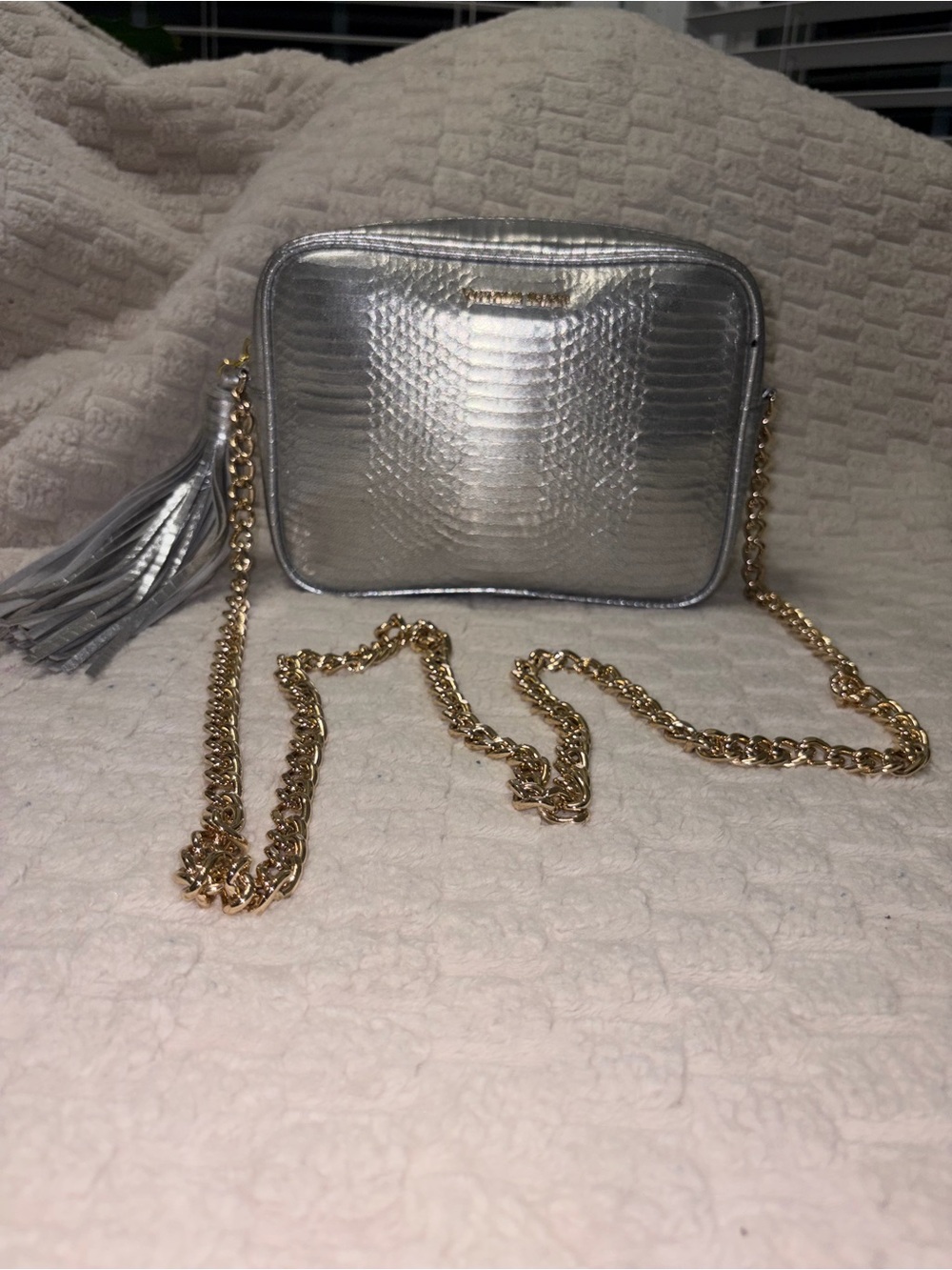 Victoria's Secret Silver Metallic Crossbody with Gold Chain Strap